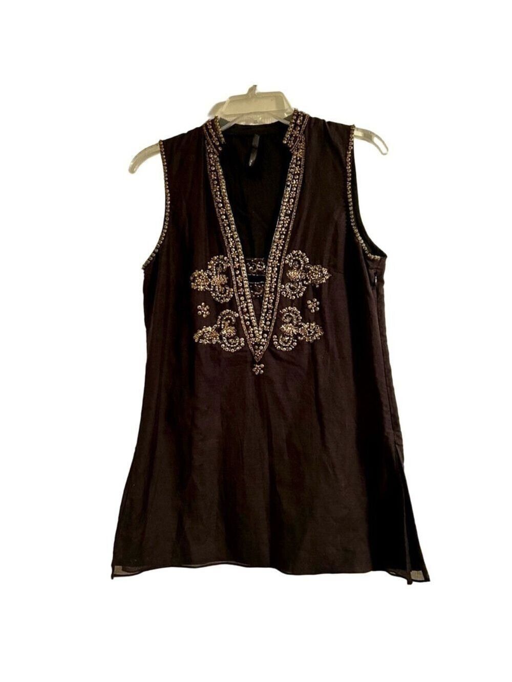 Kay Celine Black Gold Embellished Silk Cotton Tunic Blouse Size S